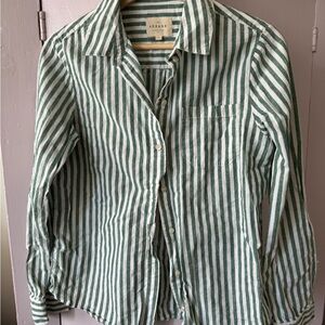 Sezane Green and White Striped Button Down Shirt